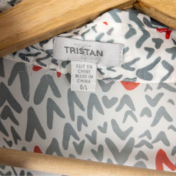 TRISTAN Womens Semi Sheer Grey Red Arrow Tunic Blouse Size Large Collared - Picture 5 of 11